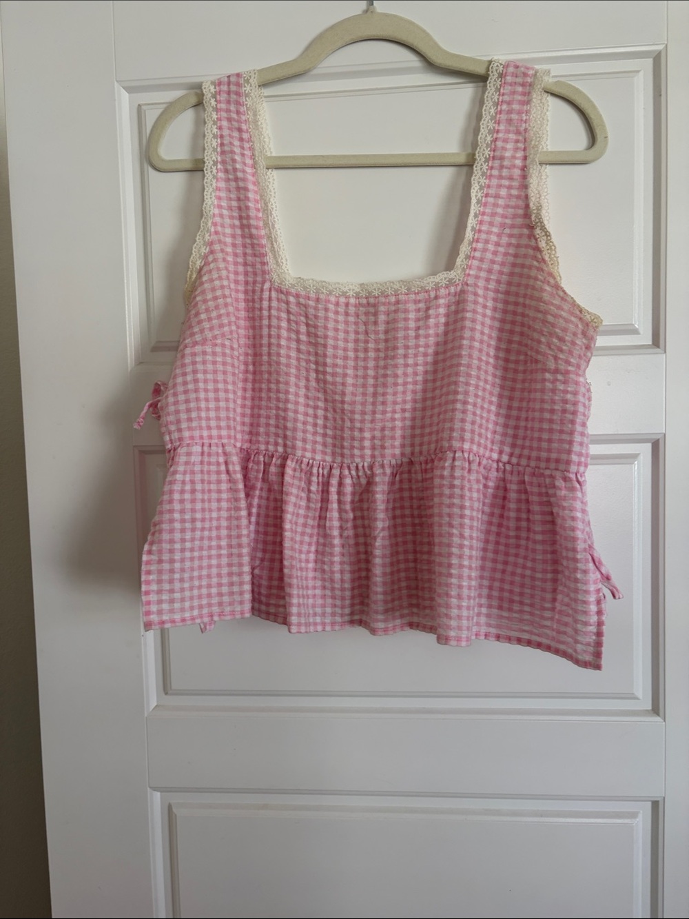 Nordstrom Pink Gingham Tie Side Camisole with Lace Trim